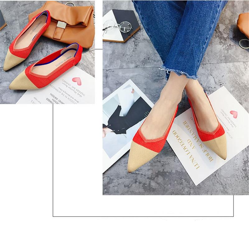 2019 Women's Flat Shoes Ballet Shoes Breathable Knit Pointed Shoes Moccasin Mixed Color Women's Soft Shoes Women Zapatos De