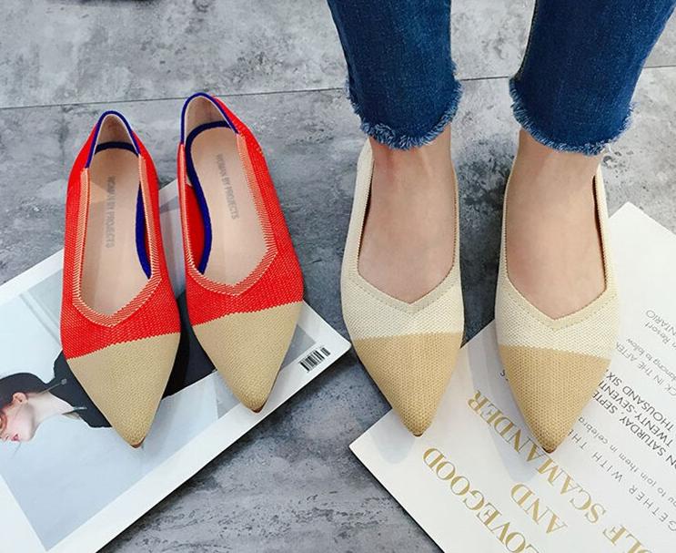 2019 Women's Flat Shoes Ballet Shoes Breathable Knit Pointed Shoes Moccasin Mixed Color Women's Soft Shoes Women Zapatos De
